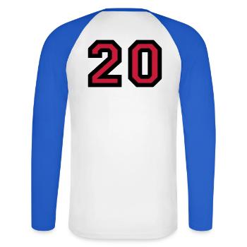 The number 20 - number twenty - Unisex Long Sleeve Baseball T-Shirt - white/royal blue - Back - Nik (191cm)