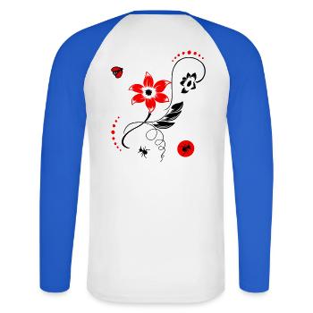 Sommerblume mit Marienkäfer und Ameisen - Unisex Baseballshirt langarm - Weiß/Royalblau - Hinten - Nik (191cm)