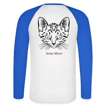 Katze, feine Miez - Unisex Baseballshirt langarm - Weiß/Royalblau - Hinten - Nik (191cm)