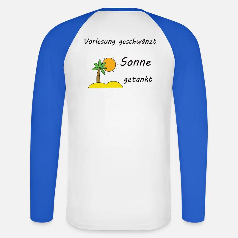 Unispruch "Sonne getankt" Geschenk, Studenten - Unisex Baseballshirt langarm - Weiß/Royalblau
