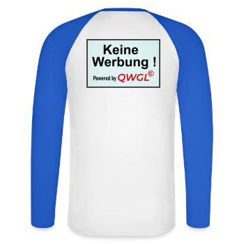 Keine Werbung powered by - Unisex Baseballshirt langarm - Weiß/Royalblau - Hinten - Nik (191cm)