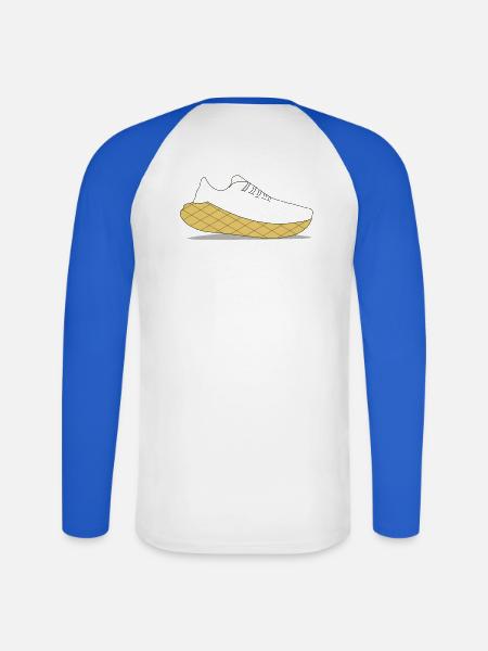 Gelbe Gitter-Sohle Sneaker - Unisex Baseballshirt langarm - Weiß/Royalblau