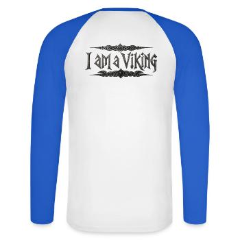 Je suis un Viking – Typographie du nœud celtique - T-shirt baseball manches longues Homme - blanc/bleu royal - Dos - Nik (191cm)