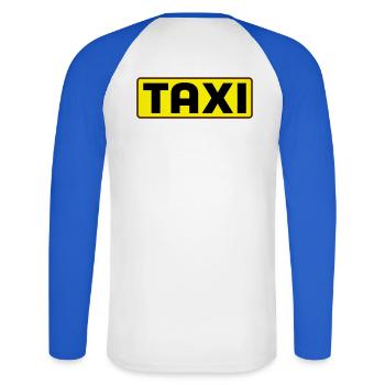 Taxi - Unisex Baseballshirt langarm - Weiß/Royalblau - Hinten - Nik (191cm)