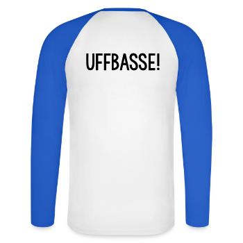 UFFBASSE Dialekt badisch - Unisex Baseballshirt langarm - Weiß/Royalblau - Hinten - Nik (191cm)