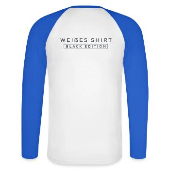 Weißes T-Shirt Black Edition - Unisex Baseballshirt langarm - Weiß/Royalblau - Hinten - Nik (191cm)