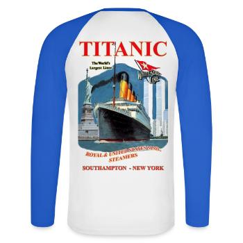 TITANIC SPIRIT CREATION Louis RUNEMBERG © Adagp - Unisex Baseballshirt langarm - Weiß/Royalblau - Hinten - Nik (191cm)