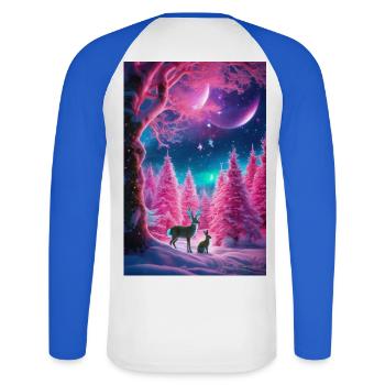 Neon Winter Deer Dream - Unisex Long Sleeve Baseball T-Shirt - white/royal blue - Back - Nik (191cm)