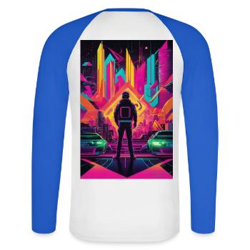 Neon Frontier Astronaut in Neon City - Unisex Long Sleeve Baseball T-Shirt - white/royal blue - Back - Nik (191cm)
