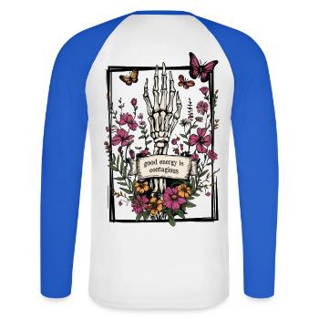 Skelett Blumen Schmetterlinge - Unisex Baseballshirt langarm - Weiß/Royalblau - Hinten - Nik (191cm)
