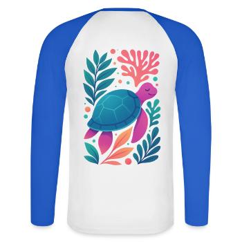 Tortue corail colorée - T-shirt baseball manches longues Homme - blanc/bleu royal - Dos - Nik (191cm)