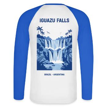 Conception de la cascade bleue des chutes d’Iguazu - T-shirt baseball manches longues Homme - blanc/bleu royal - Dos - Nik (191cm)