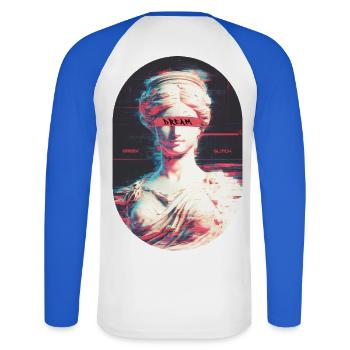 Greek Glitch - Unisex Baseballshirt langarm - Weiß/Royalblau - Hinten - Nik (191cm)