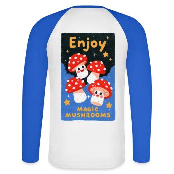 Enjoy colorful mushrooms - Unisex Long Sleeve Baseball T-Shirt - white/royal blue - Back - Nik (191cm)