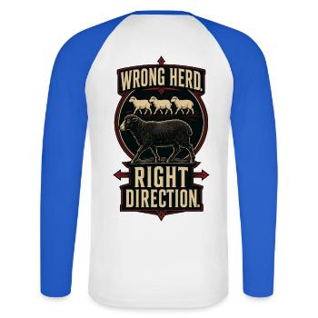 Mauvais troupeau – Bonne direction - T-shirt baseball manches longues Homme - blanc/bleu royal - Dos - Nik (191cm)