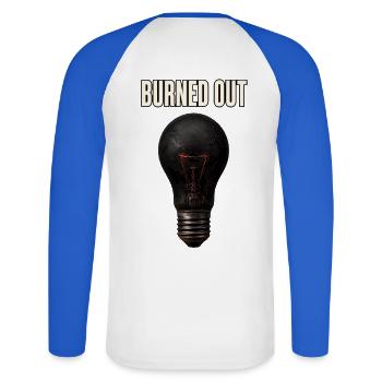 Burned Out – Broken Lightbulb - Unisex Long Sleeve Baseball T-Shirt - white/royal blue - Back - Nik (191cm)