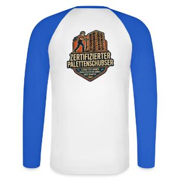Vom Palettenschubser zur Logistik-Legende - Unisex Baseballshirt langarm - Weiß/Royalblau - Hinten - Nik (191cm)