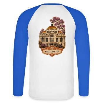 Mexico City Bellas Artes Art - Unisex Baseballshirt langarm - Weiß/Royalblau - Hinten - Nik (191cm)