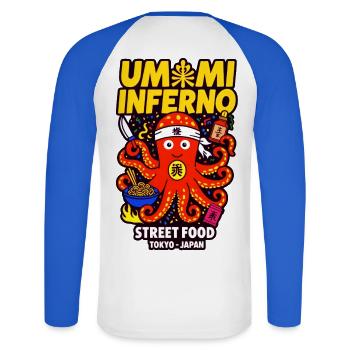 Umami Inferno - Street Food Tokyo - T-shirt baseball manches longues Homme - blanc/bleu royal - Dos - Nik (191cm)