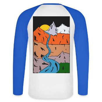 Gebirgsfluss Sonnenuntergang Panorama - Unisex Baseballshirt langarm - Weiß/Royalblau - Hinten - Nik (191cm)