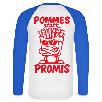 Des frites au lieu de célébrités – Drôle de dicton amusant - T-shirt baseball manches longues Homme - blanc/bleu royal - Dos - Nik (191cm)