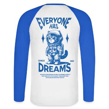 Everyone Has Dreams - Cat in Astronaut Costume - Unisex Long Sleeve Baseball T-Shirt - white/royal blue - Back - Nik (191cm)