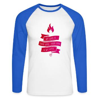 My Love est votre groupe d’amour amour rose Vintage Fire - T-shirt baseball manches longues Homme - blanc/bleu royal - Devant - Nik (191cm)