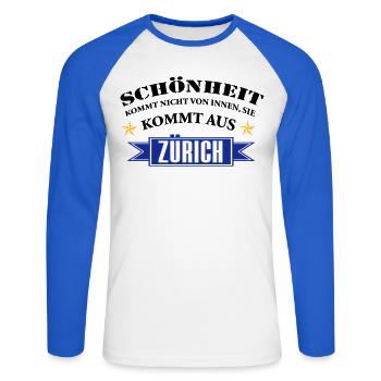 Beauté de Zurich - T-shirt baseball manches longues Homme - blanc/bleu royal - Devant - Nik (191cm)