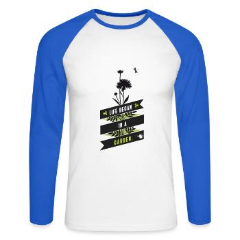 jardin plantes jardin jardinage fleur rétro libelle cire - T-shirt baseball manches longues Homme - blanc/bleu royal - Devant - Nik (191cm)