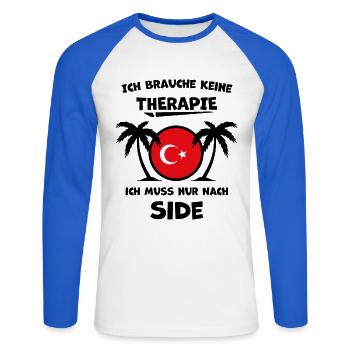 Side Türkei – Türkische Riviera - Unisex Baseballshirt langarm - Weiß/Royalblau - Vorne - Nik (191cm)