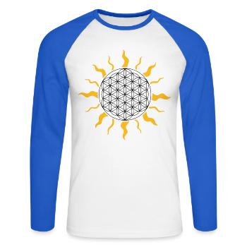 La fleur de la vie avec le soleil - T-shirt baseball manches longues Homme - blanc/bleu royal - Devant - Nik (191cm)
