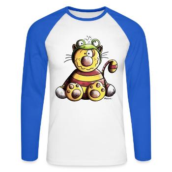 Mignon Chat - T-shirt baseball manches longues Homme - blanc/bleu royal - Devant - Nik (191cm)