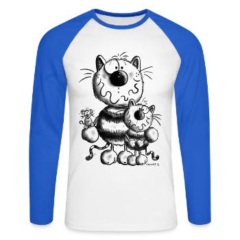 Doux Famille Chat - T-shirt baseball manches longues Homme - blanc/bleu royal - Devant - Nik (191cm)