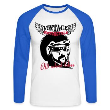 Old Biker Motorcycle 1 - Unisex Baseballshirt langarm - Weiß/Royalblau - Vorne - Nik (191cm)
