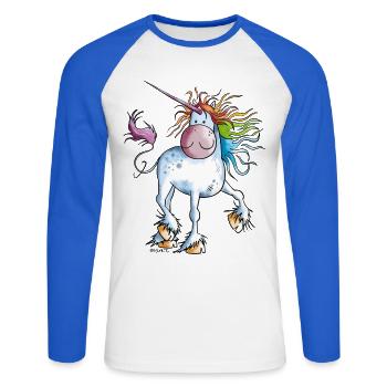 Regenbogen Einhorn - Unisex Baseballshirt langarm - Weiß/Royalblau - Vorne - Nik (191cm)