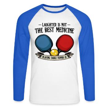 Tischtennis Banner: Pulsierende Gegner - Unisex Baseballshirt langarm - Weiß/Royalblau - Vorne - Nik (191cm)