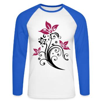 Ranke mit bunten Blumen, Blüten. Sehr feminin. - Unisex Baseballshirt langarm - Weiß/Royalblau - Vorne - Nik (191cm)