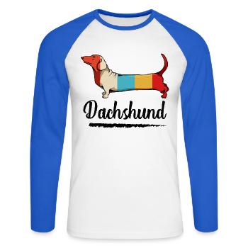 Bunter Dackel Farbblöcke - Unisex Baseballshirt langarm - Weiß/Royalblau - Vorne - Nik (191cm)