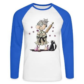 Oma schlägt alle - Unisex Baseballshirt langarm - Weiß/Royalblau - Vorne - Nik (191cm)