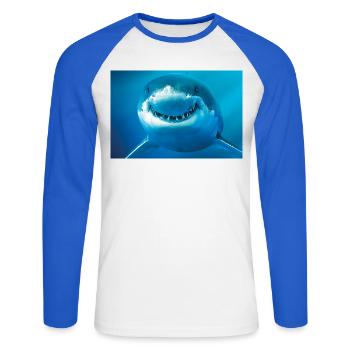 Lächelnder Hai unter Wasser - Unisex Baseballshirt langarm - Weiß/Royalblau - Vorne - Nik (191cm)