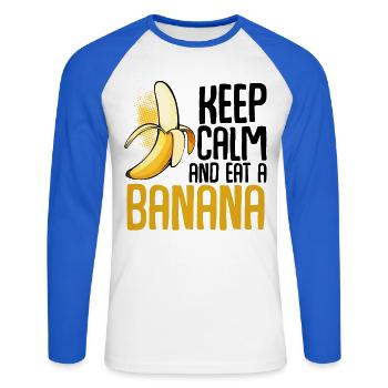 Banana Pop Art Schriftgrafik - Unisex Baseballshirt langarm - Weiß/Royalblau - Vorne - Nik (191cm)