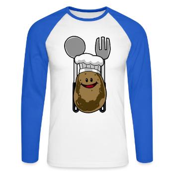 Pommes de terre Cuisiniers Bonnet à cuisine Pommes de terre - T-shirt baseball manches longues Homme - blanc/bleu royal - Devant - Nik (191cm)