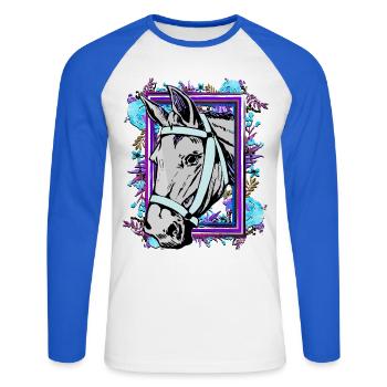 Equitation - cavalier - sport équestre - tête de cheval - cheval - T-shirt baseball manches longues Homme - blanc/bleu royal - Devant - Nik (191cm)