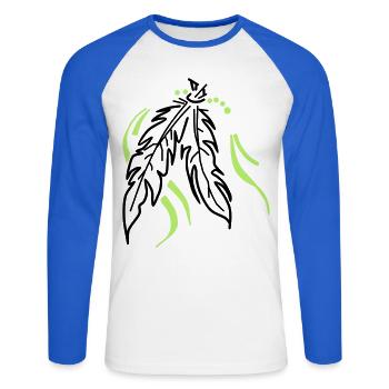 Zusammen gebunden – Spirituelle Federn - Unisex Baseballshirt langarm - Weiß/Royalblau - Vorne - Nik (191cm)