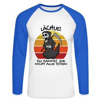 Sensenmann Retro Spruch lustig - Unisex Baseballshirt langarm - Weiß/Royalblau - Vorne - Nik (191cm)