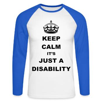 Bleib ruhig, es ist nur ein Handicap. Humor* - Unisex Baseballshirt langarm - Weiß/Royalblau - Vorne - Nik (191cm)