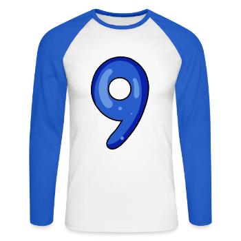 9 - Unisex Baseballshirt langarm - Weiß/Royalblau - Vorne - Nik (191cm)