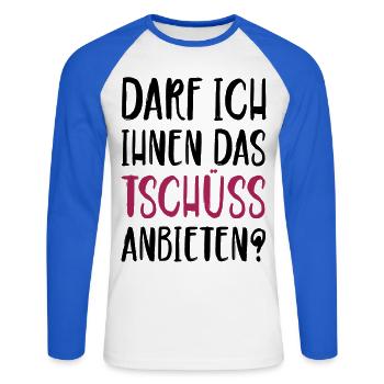 Darf ich ihnen das Tschüss anbieten - Unisex Baseballshirt langarm - Weiß/Royalblau - Vorne - Nik (191cm)
