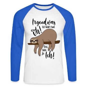 Faultier Irgendwas ist hier faul - Unisex Baseballshirt langarm - Weiß/Royalblau - Vorne - Nik (191cm)