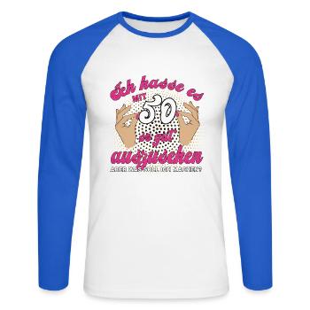 Jahrgang 1976 Vintage 50. Geburtstag Retro Damen - Unisex Baseballshirt langarm - Weiß/Royalblau - Vorne - Nik (191cm)